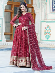 Stunning Maroon Embroidered Jacquard Wedding Wear Anarkali Gown