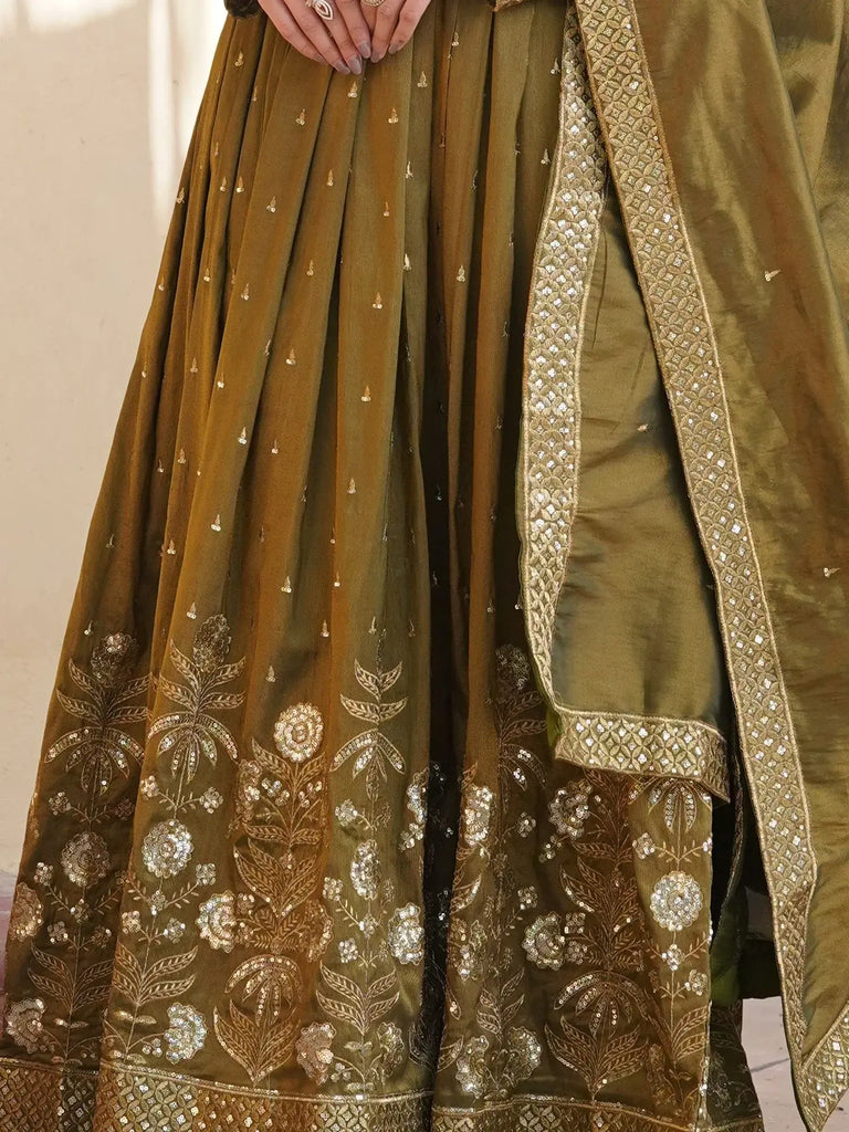 Spectacular Olive Green Embroidered Viscose Mehendi Wear Gown