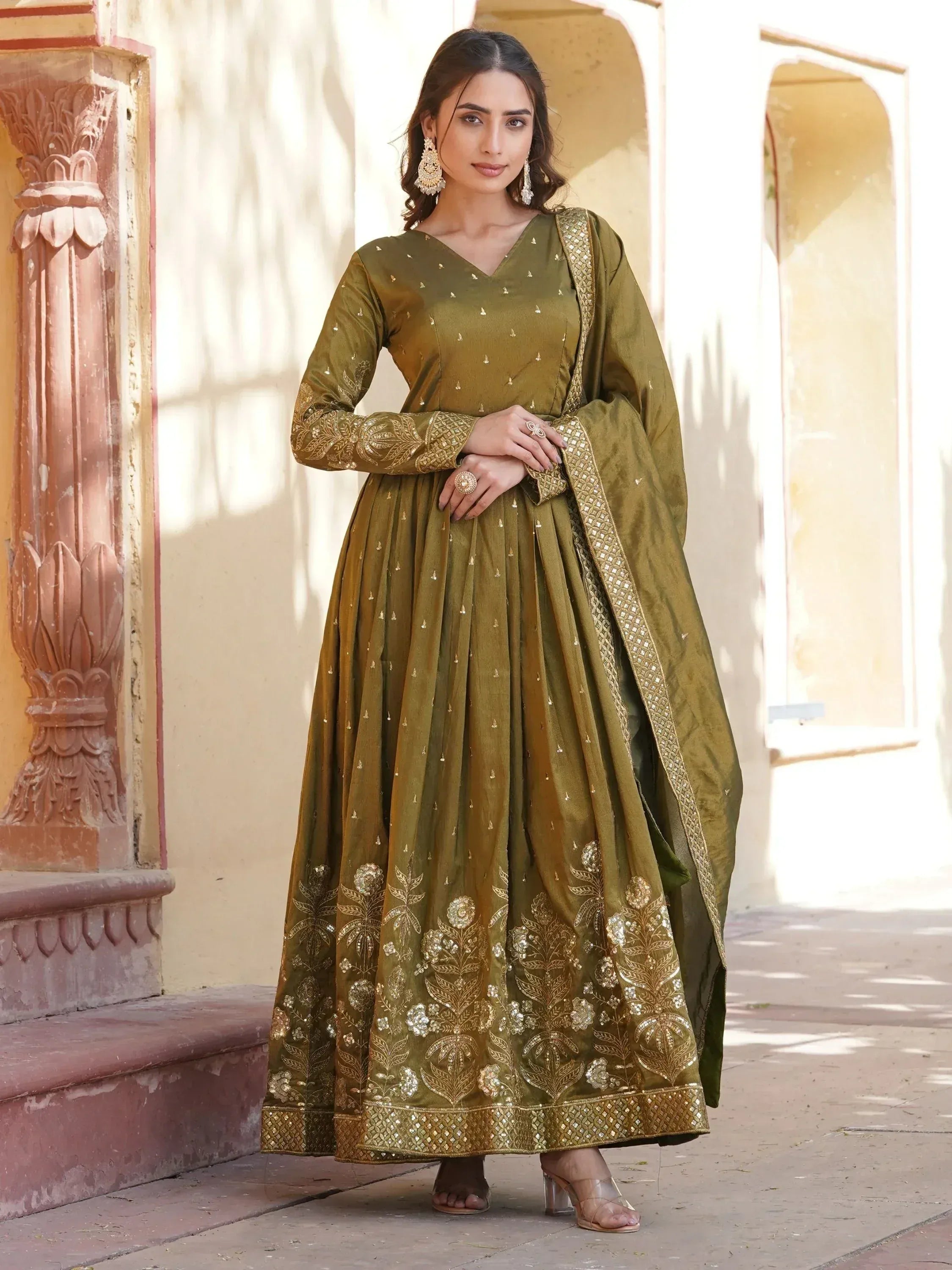 Olive green anarkali suit with gold embroidery, perfect for Indian ethnic occasions