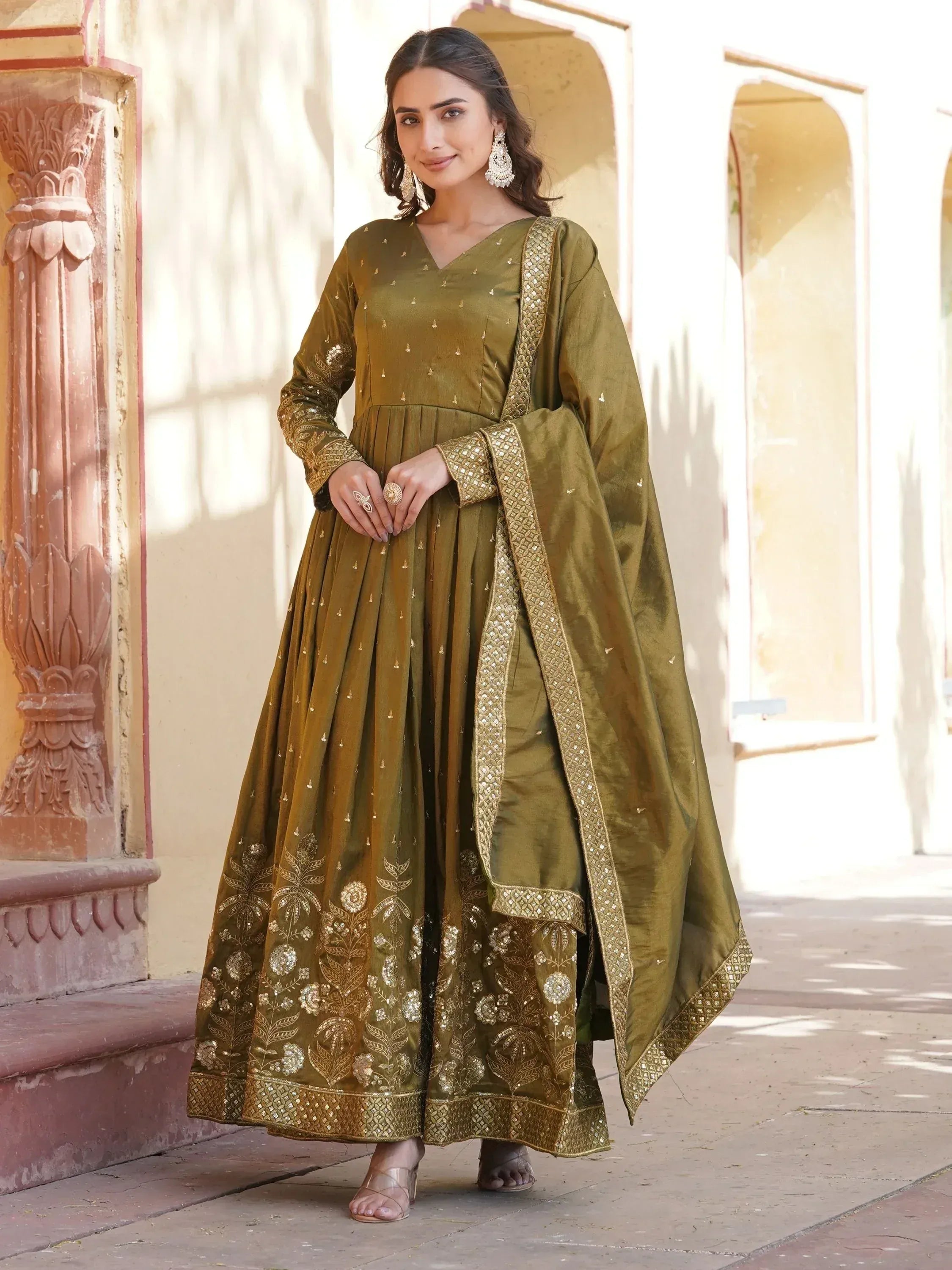 Olive green designer anarkali suit with gold embroidery and dupatta, Indian ethnic wear