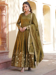 Spectacular Olive Green Embroidered Viscose Mehendi Wear Gown