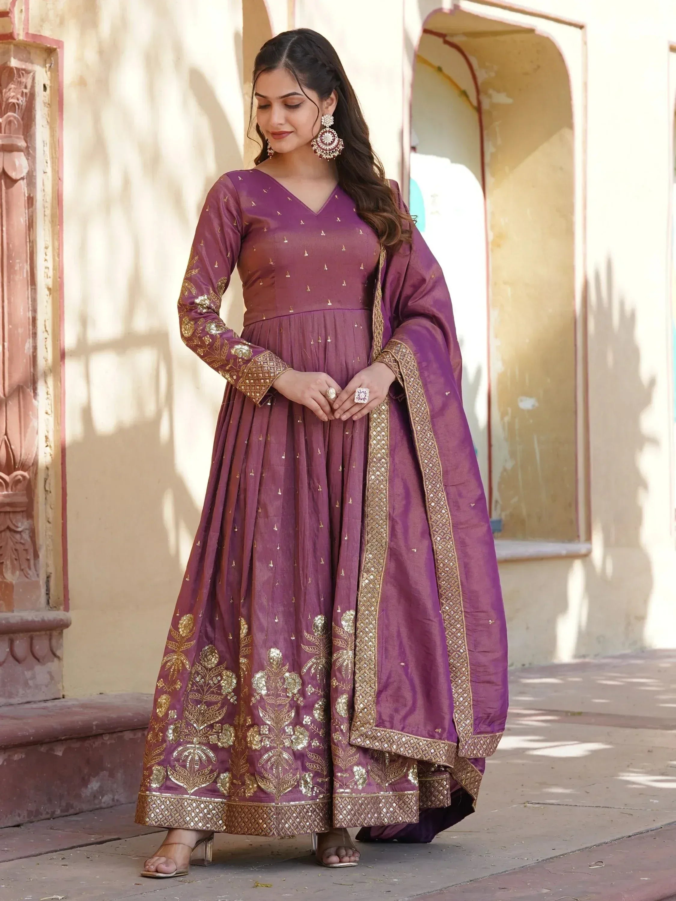 Purple designer anarkali suit with gold embroidery, perfect for Indian ethnic wear occasions