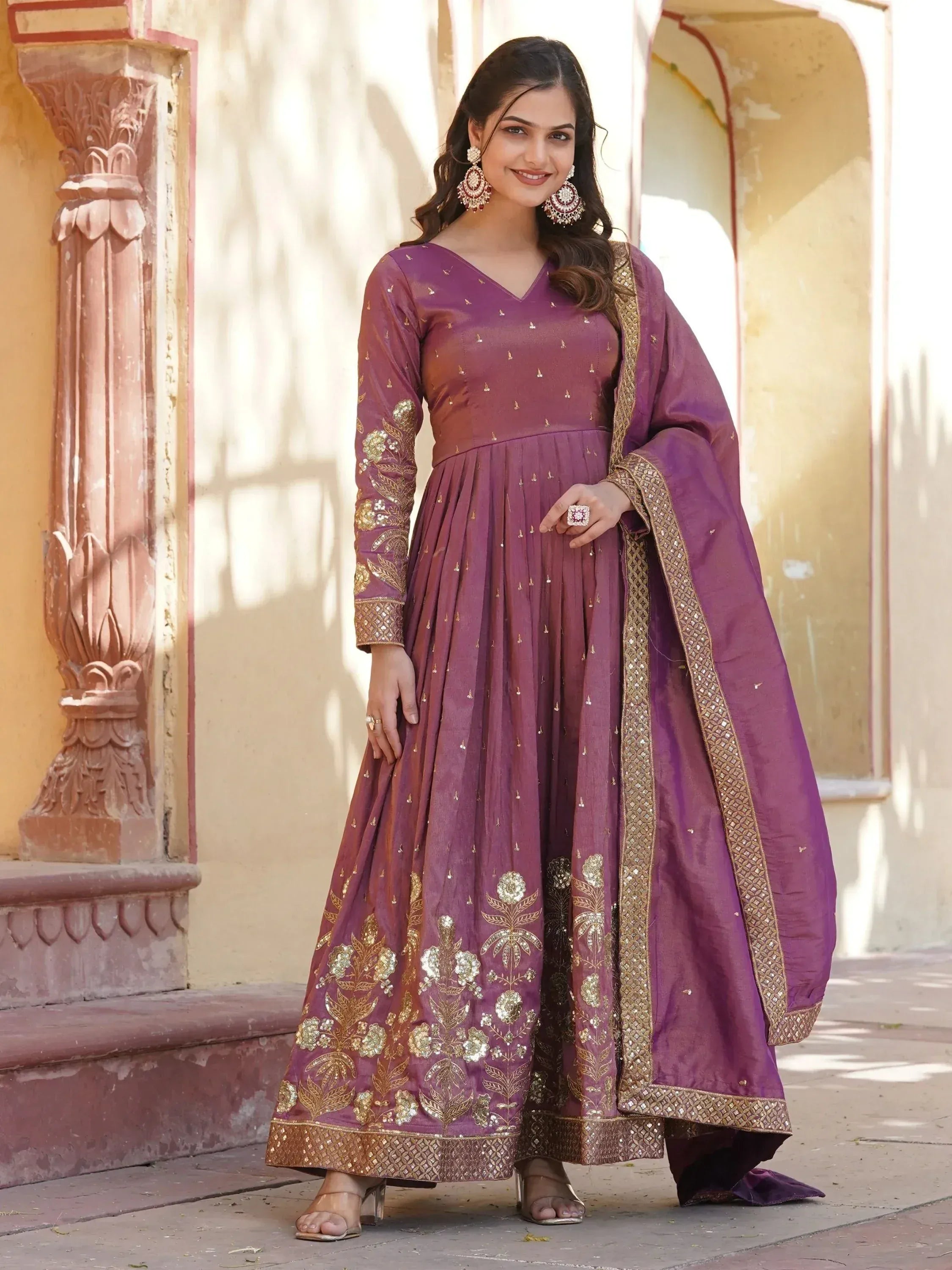 Purple Indian anarkali suit with gold embroidery, perfect for ethnic occasions and festive wear