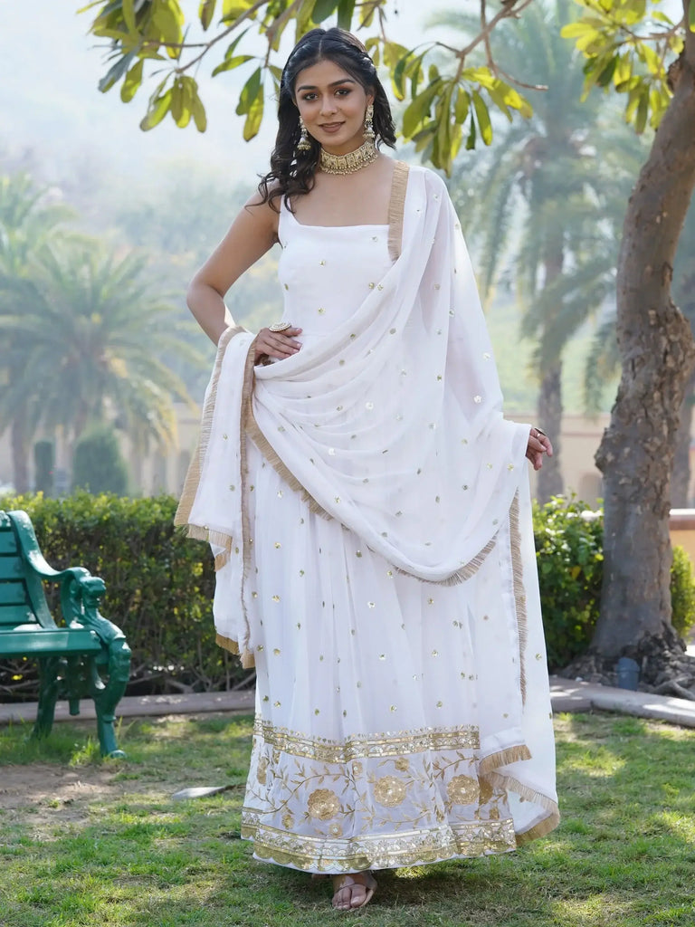 Stunning White Sequins Georgette Designer Gown With Dupatta