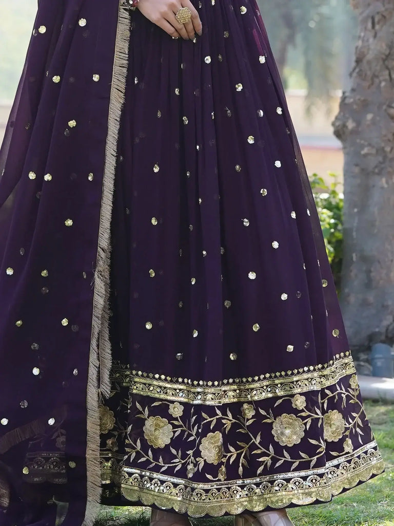 Astonishing Wine Sequins Georgette Function Wear Gown With Dupatta