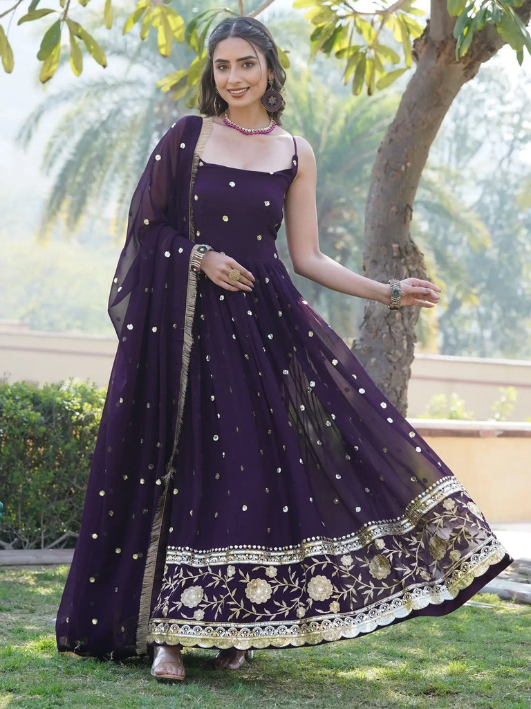 Astonishing Wine Sequins Georgette Function Wear Gown With Dupatta