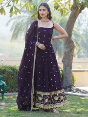Astonishing Wine Sequins Georgette Function Wear Gown With Dupatta