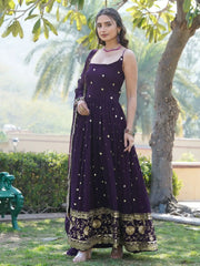 Astonishing Wine Sequins Georgette Function Wear Gown With Dupatta