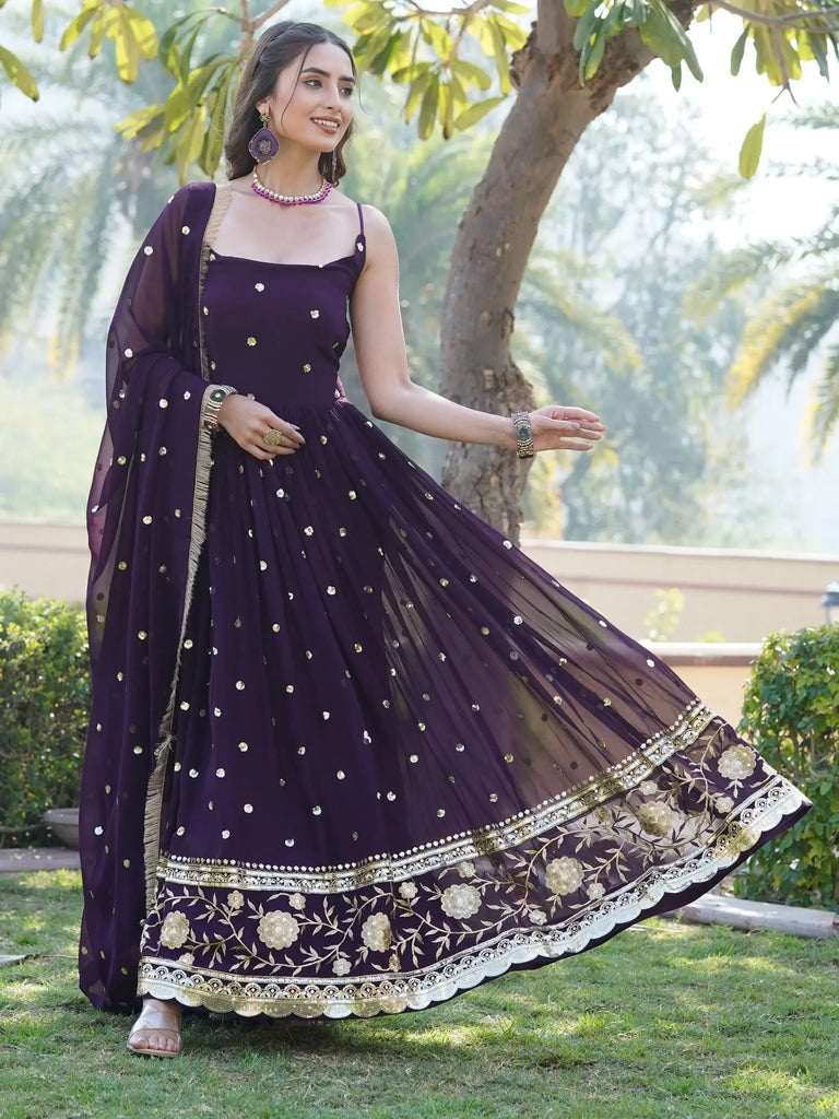 Astonishing Wine Sequins Georgette Function Wear Gown With Dupatta