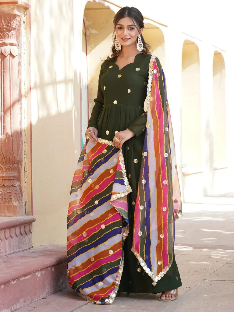 Spectacular Green Sequins Georgette Mehendi Wear Gown With Dupatta