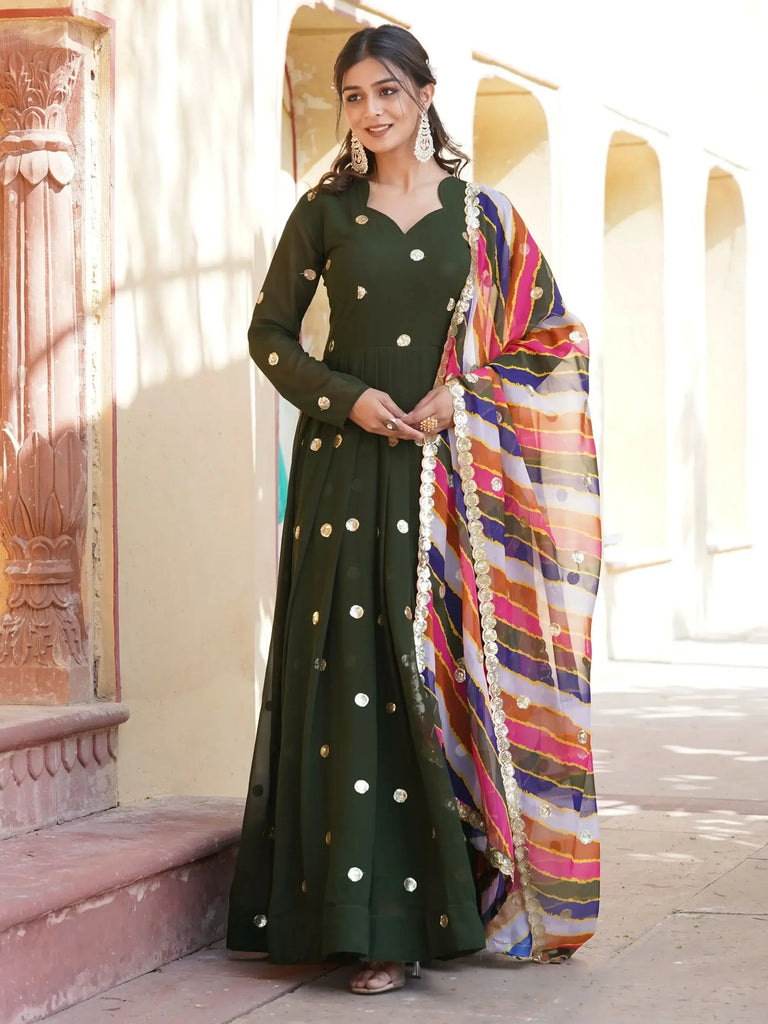Spectacular Green Sequins Georgette Mehendi Wear Gown With Dupatta