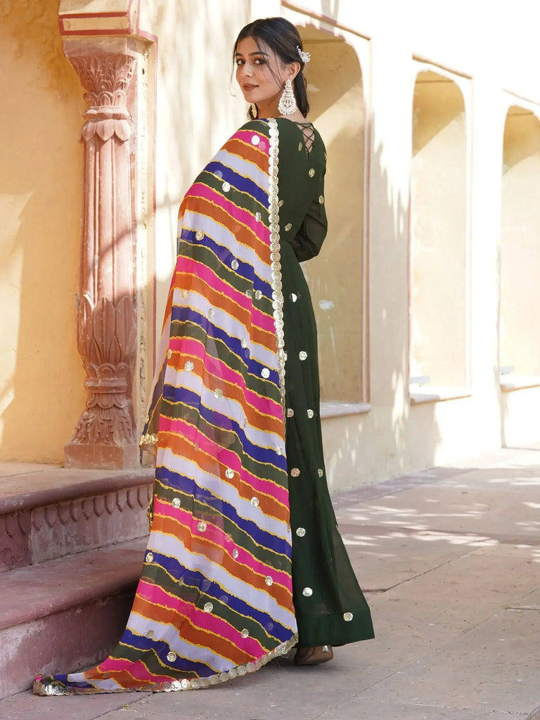 Spectacular Green Sequins Georgette Mehendi Wear Gown With Dupatta