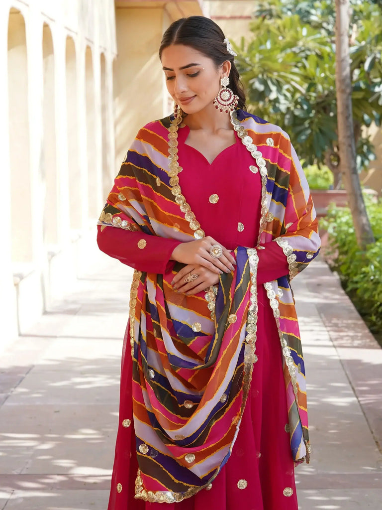 Dazzling Rani Pink Sequins Georgette Sangeet Wear Gown With Dupatta
