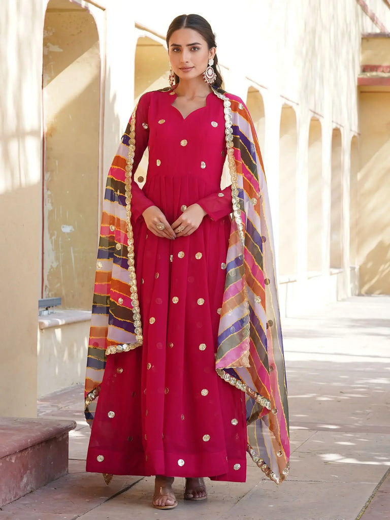 Dazzling Rani Pink Sequins Georgette Sangeet Wear Gown With Dupatta