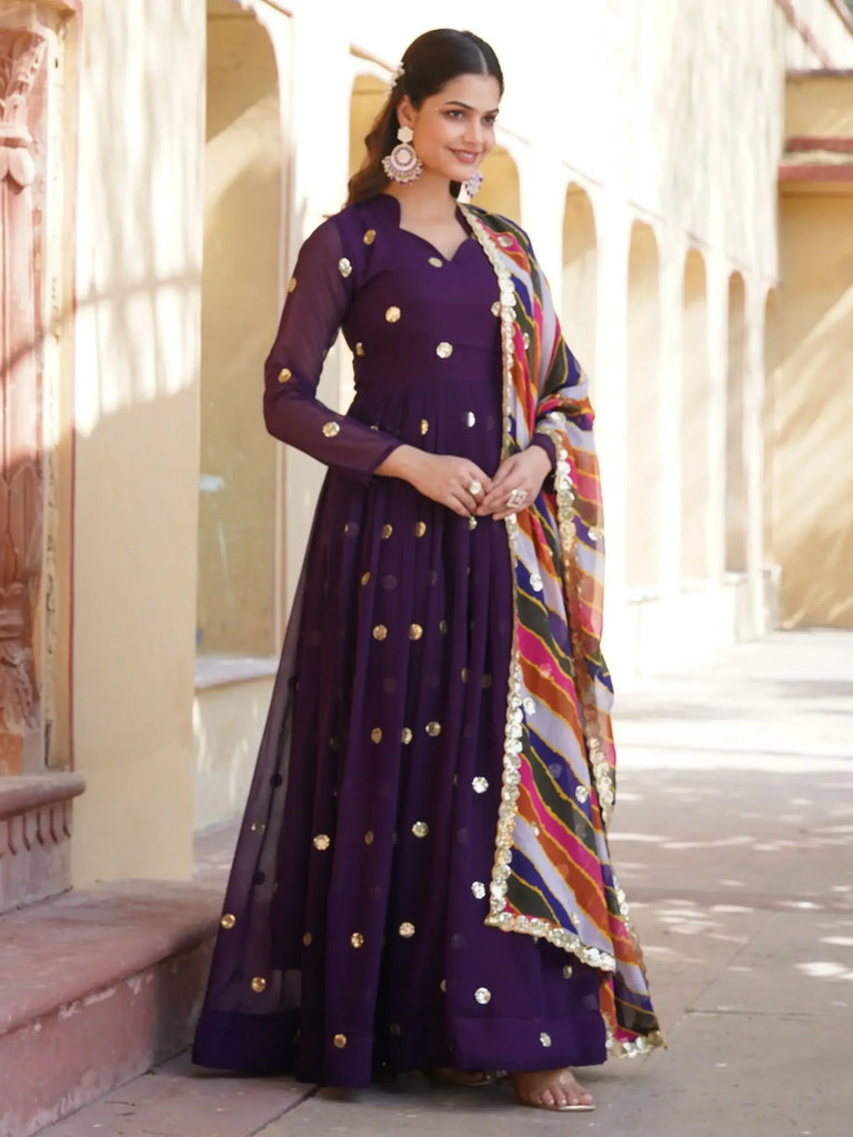 Stunning Purple Sequins Georgette Function Wear Gown With Dupatta