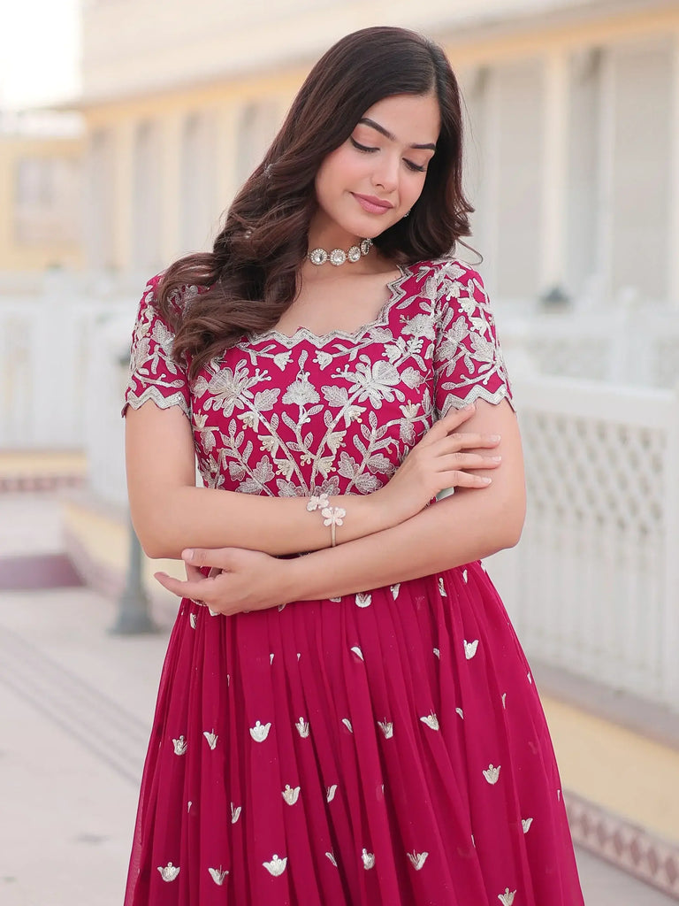 Lovable Rani Pink Embroidered Georgette Sangeet Wear Gown