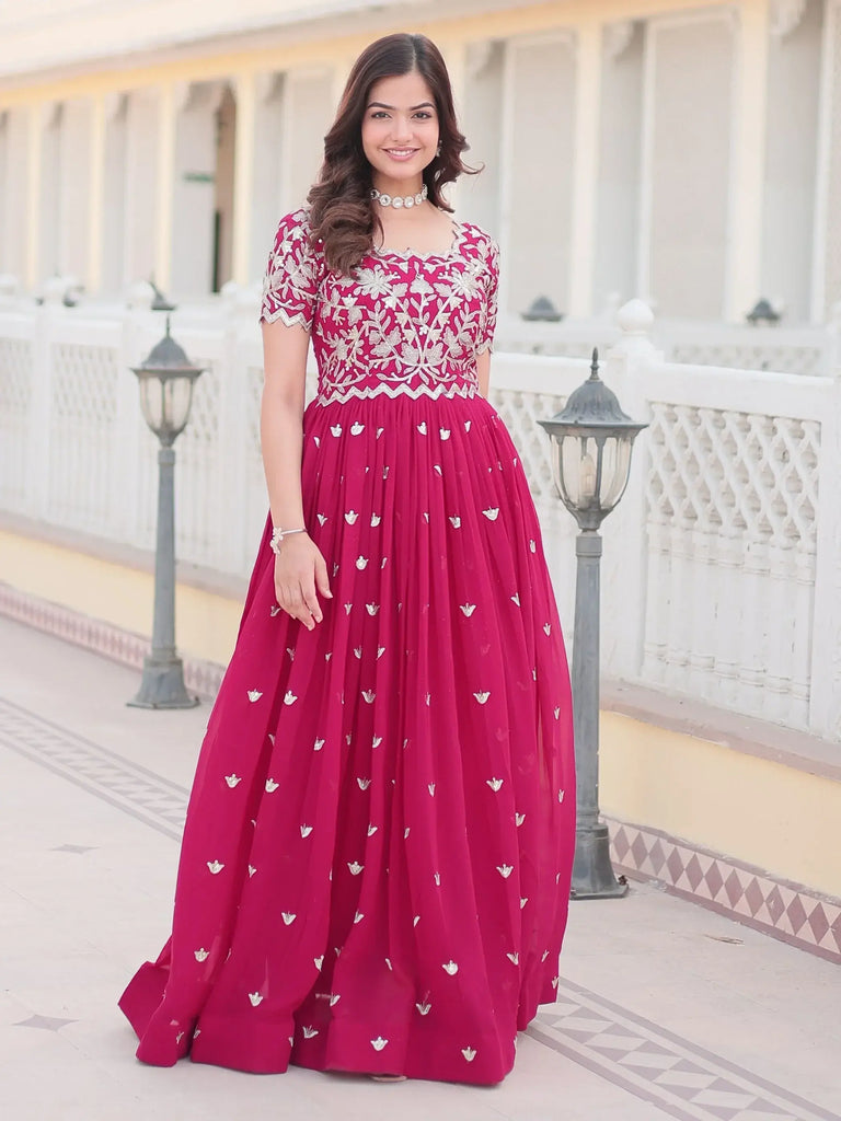 Lovable Rani Pink Embroidered Georgette Sangeet Wear Gown