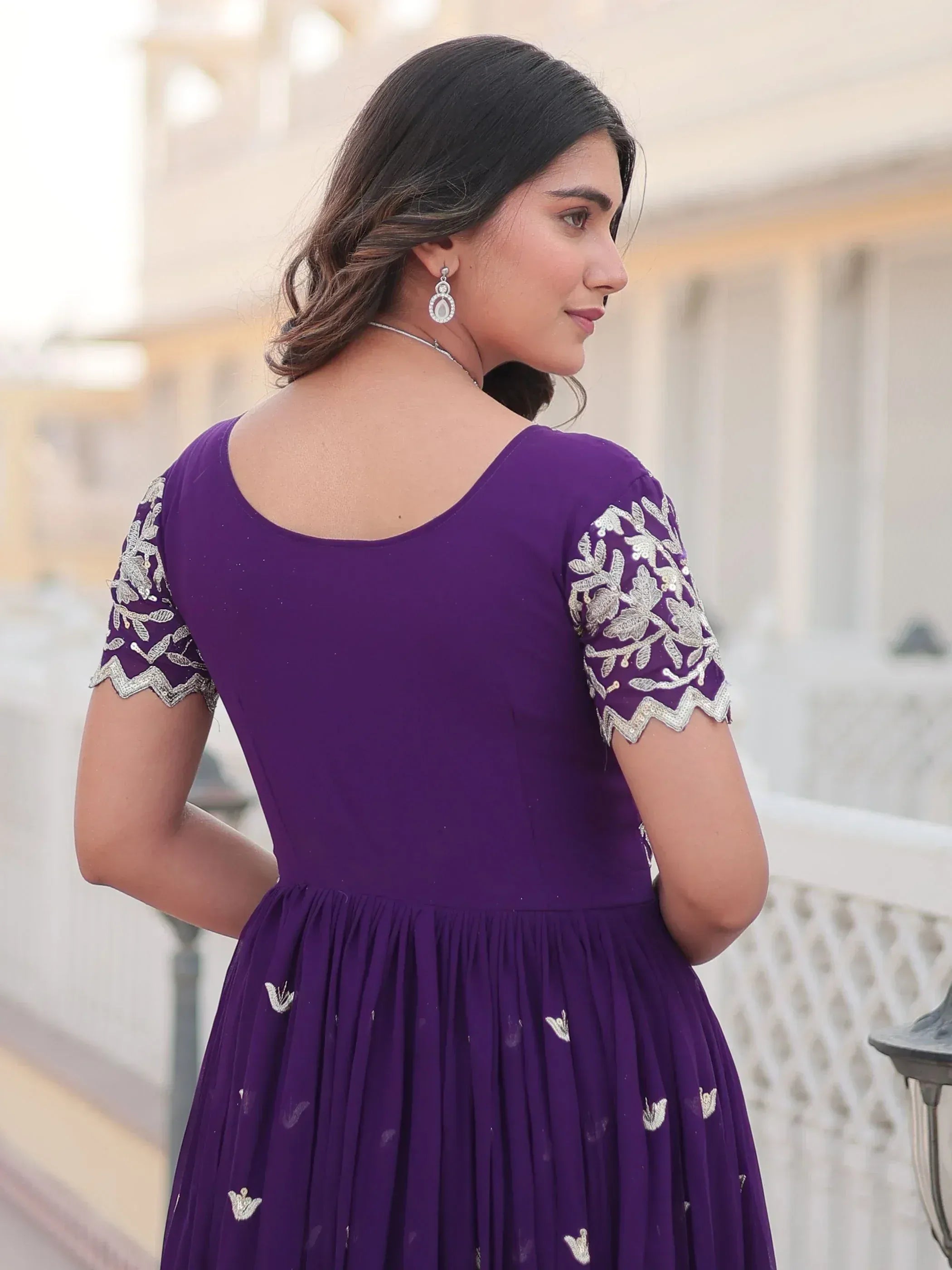 Purple ethnic gown with silver embroidery, back view, perfect for Indian occasions