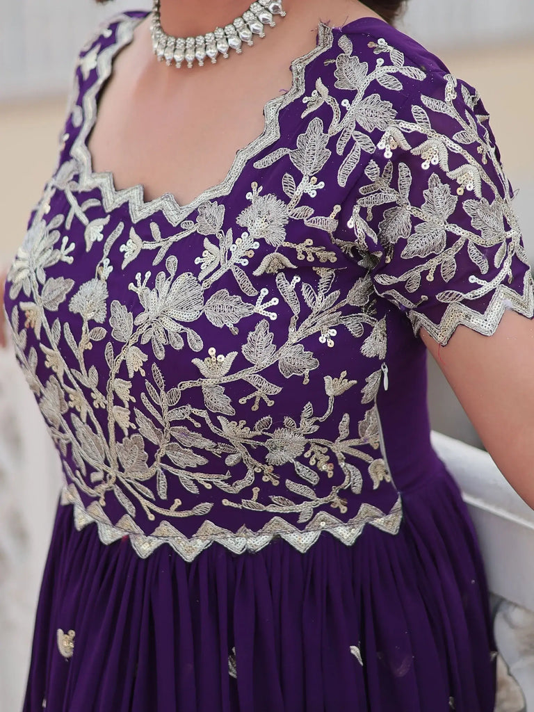 Captivating Purple Embroidered Georgette Function Wear Gown