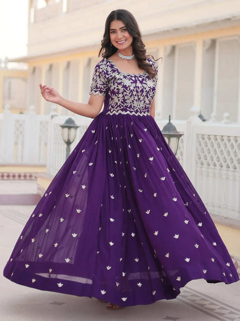 Captivating Purple Embroidered Georgette Function Wear Gown