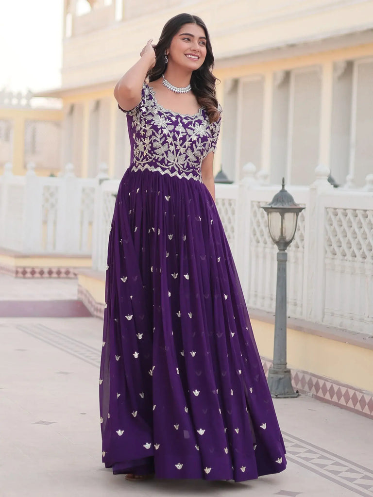 Captivating Purple Embroidered Georgette Function Wear Gown