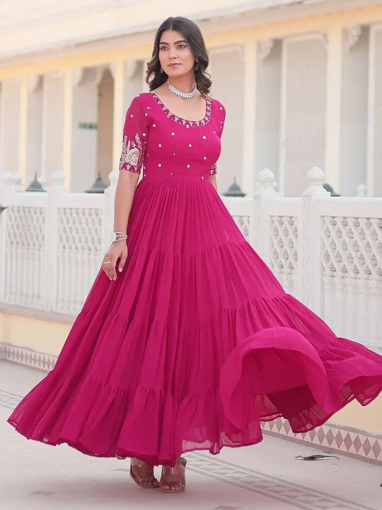 Fuchsia ethnic gown with embroidery, perfect for Indian occasions and festive wear
