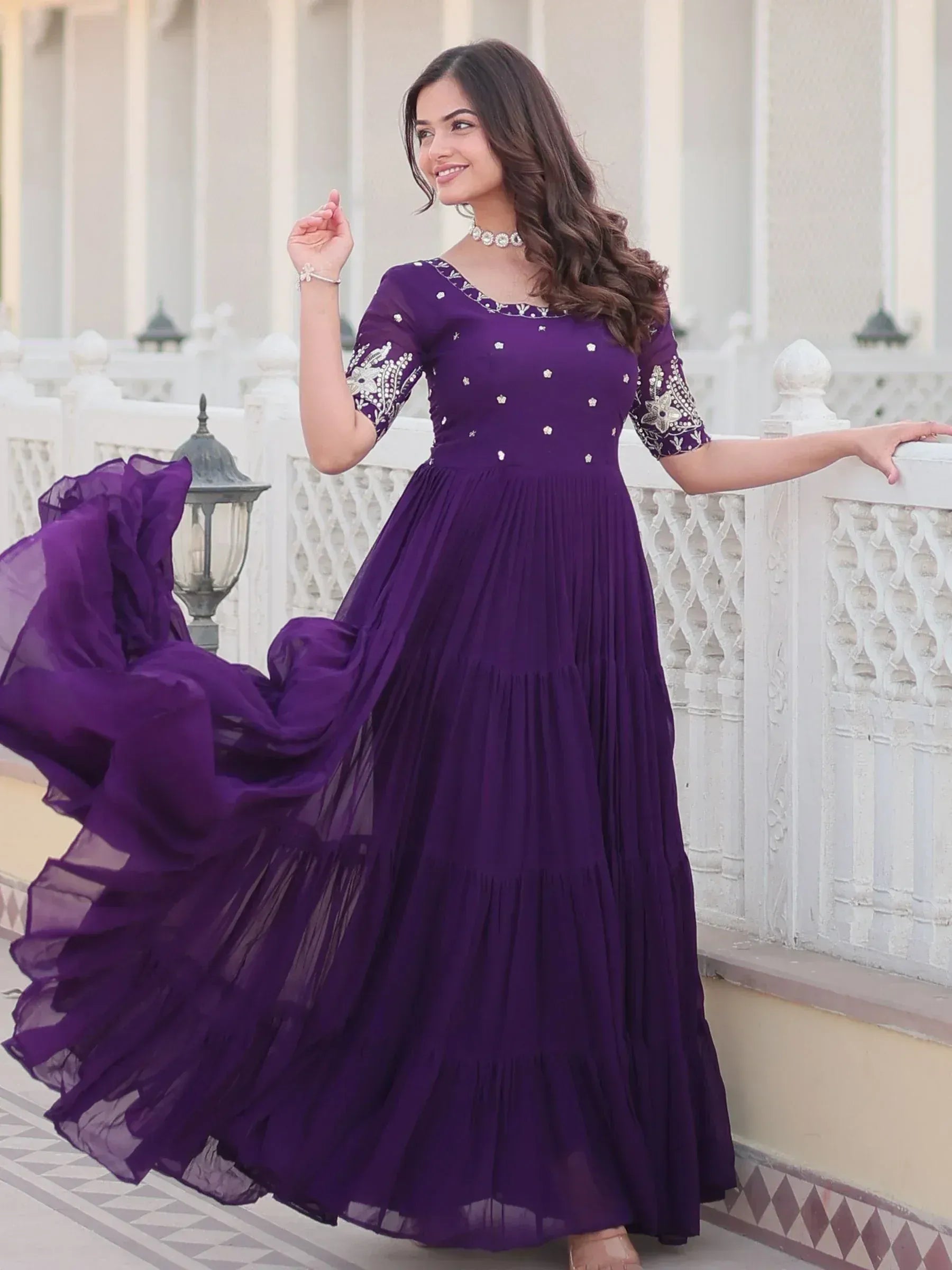 Purple ethnic gown with floral embroidery, pleated skirt, perfect for Indian occasions