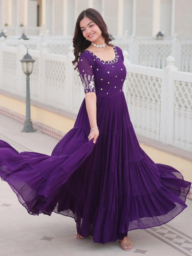 Purple ethnic gown with silver embroidery, pleated skirt, perfect for Indian occasions
