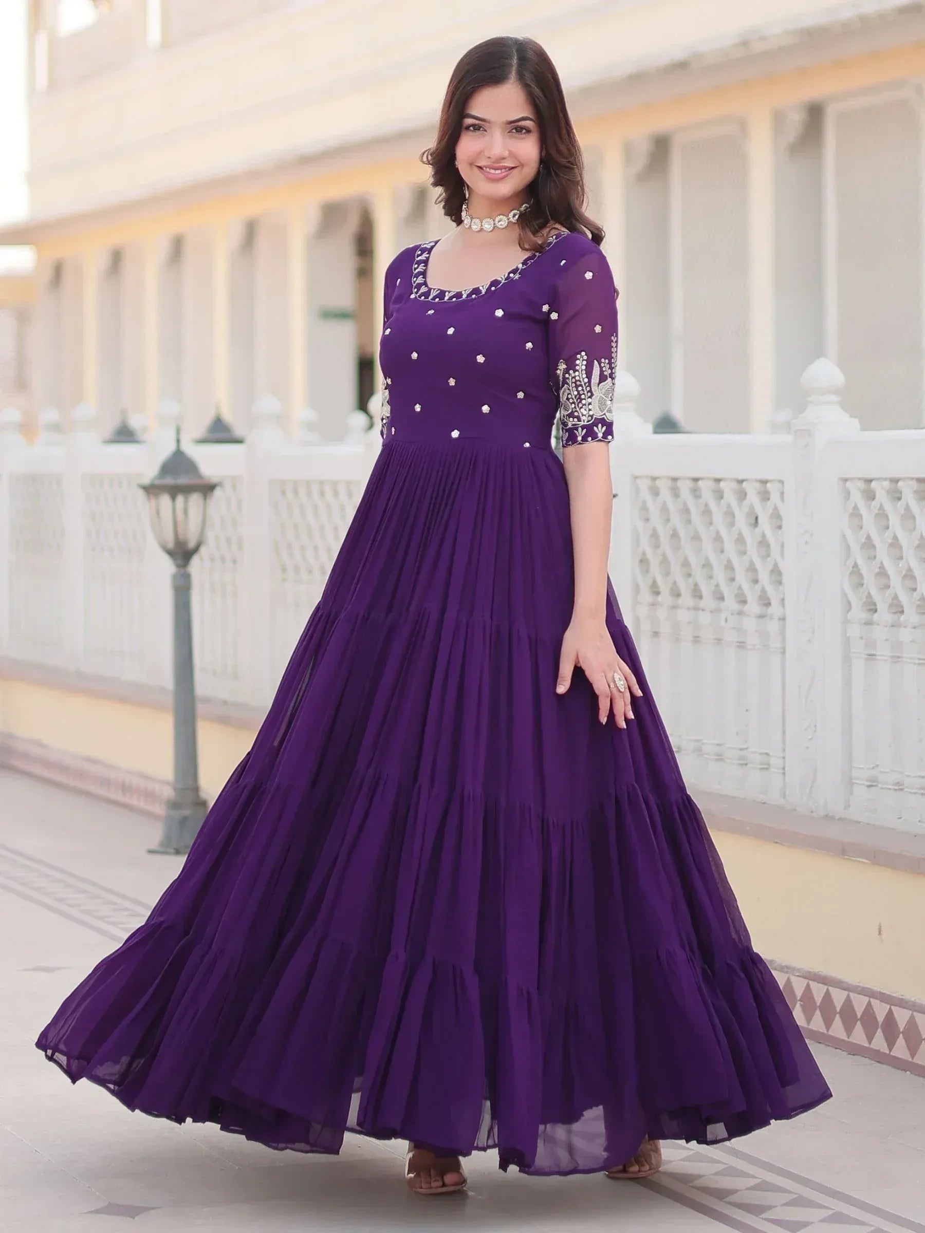 Purple ethnic gown with embroidery, perfect for Indian occasions and festive wear