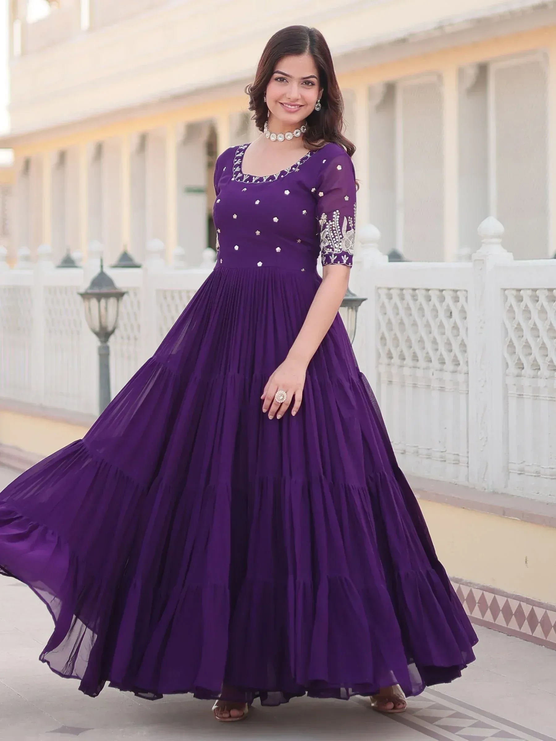 Purple ethnic gown with embroidery, perfect for Indian occasions and festive wear
