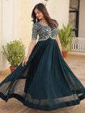 Adorable Teal Blue Embroidered Georgette Reception Wear Gown