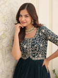 Adorable Teal Blue Embroidered Georgette Reception Wear Gown