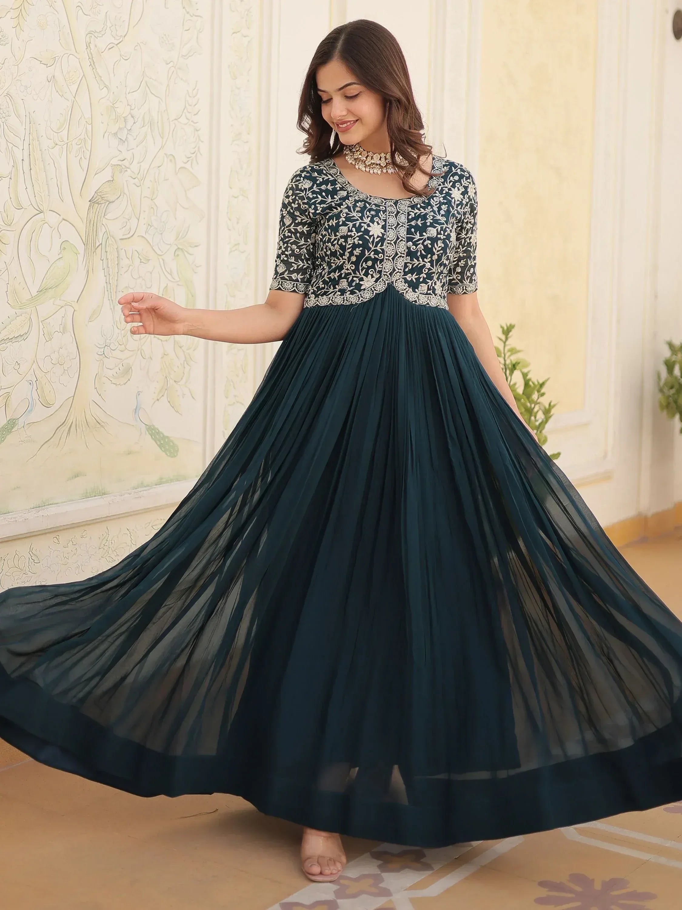 Elegant teal ethnic gown with floral embroidery and pleated skirt for women