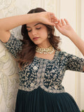 Adorable Teal Blue Embroidered Georgette Reception Wear Gown