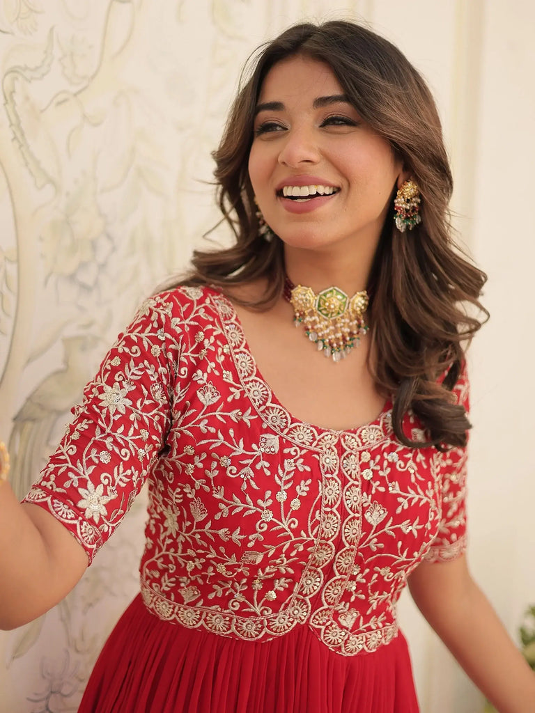 Enchanting Red Embroidered Georgette Wedding Wear Gown