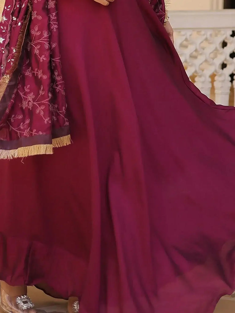 Astonishing Wine Sequins Silk Function Wear Gown With Dupatta