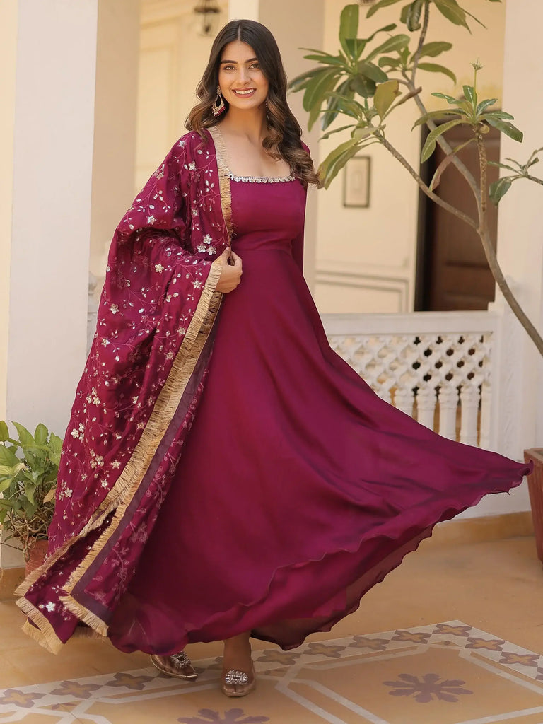 Astonishing Wine Sequins Silk Function Wear Gown With Dupatta