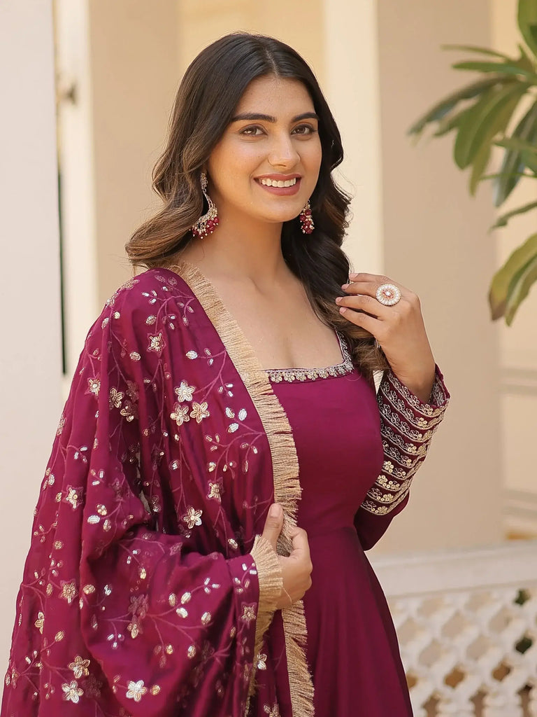 Astonishing Wine Sequins Silk Function Wear Gown With Dupatta