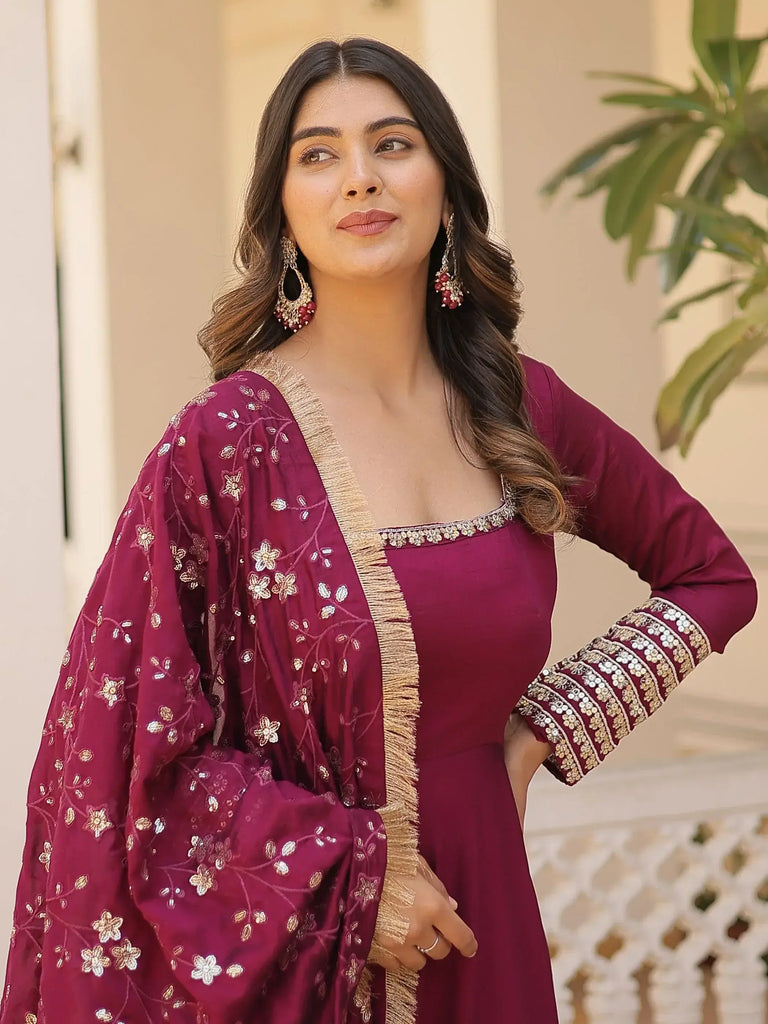 Astonishing Wine Sequins Silk Function Wear Gown With Dupatta
