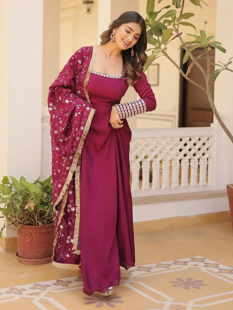 Astonishing Wine Sequins Silk Function Wear Gown With Dupatta