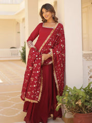 Outstanding Maroon Sequins Silk Festival Wear Gown With Dupatta