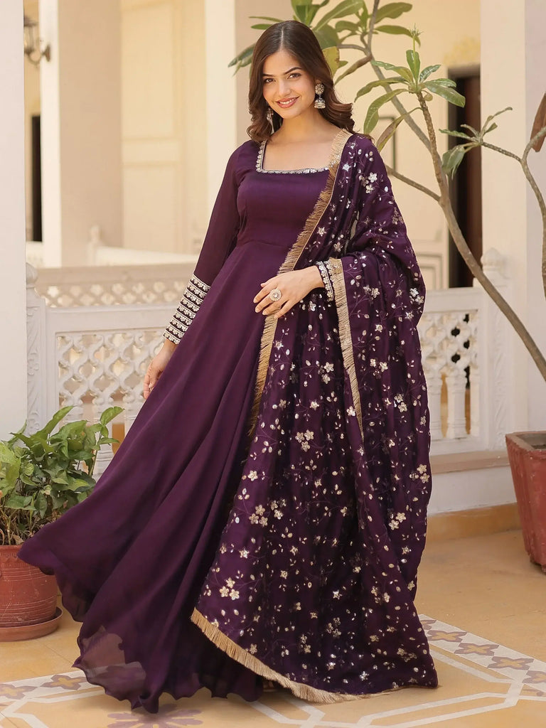 Marvelous Purple Sequins Silk Event Wear Gown With Dupatta