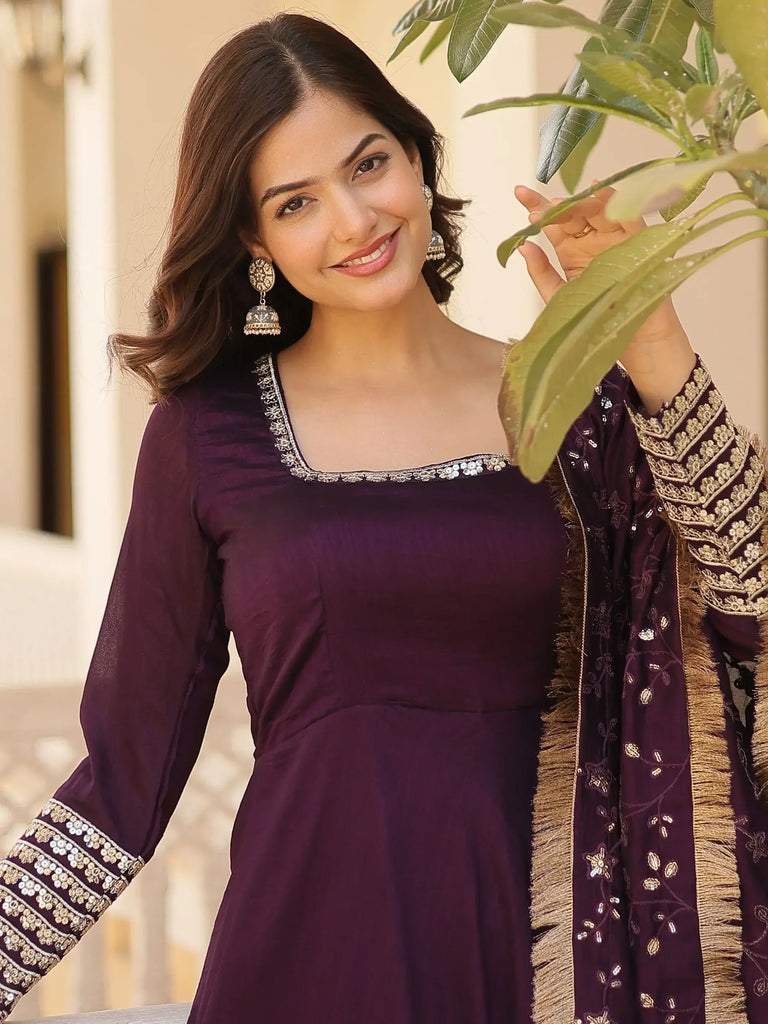 Marvelous Purple Sequins Silk Event Wear Gown With Dupatta