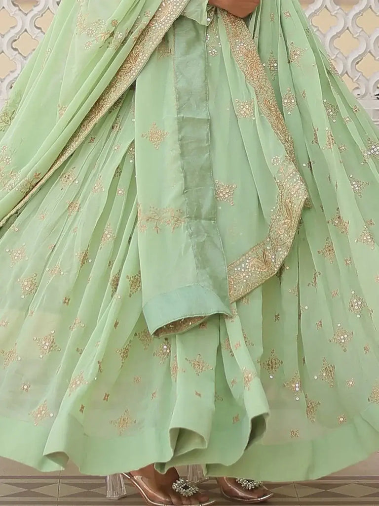 Precious Pista Green Sequins Georgette Engagement Wear Anarkali Gown