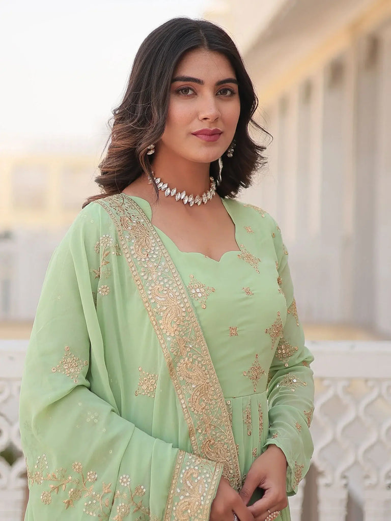 Precious Pista Green Sequins Georgette Engagement Wear Anarkali Gown