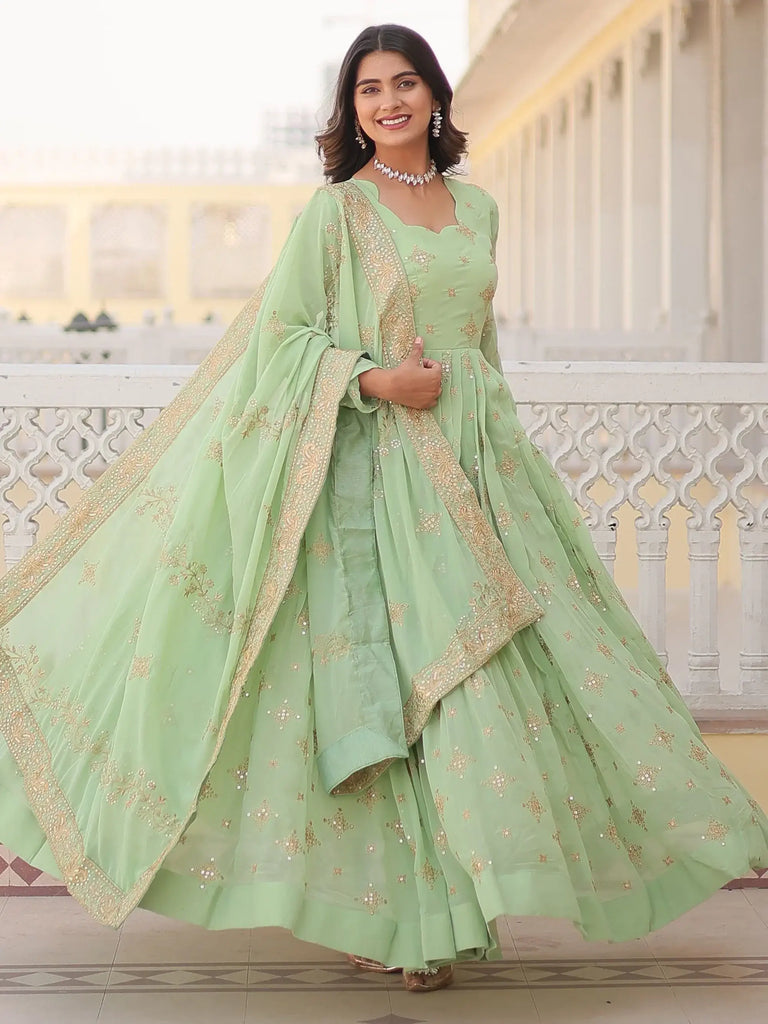 Precious Pista Green Sequins Georgette Engagement Wear Anarkali Gown