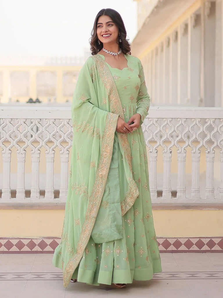 Precious Pista Green Sequins Georgette Engagement Wear Anarkali Gown