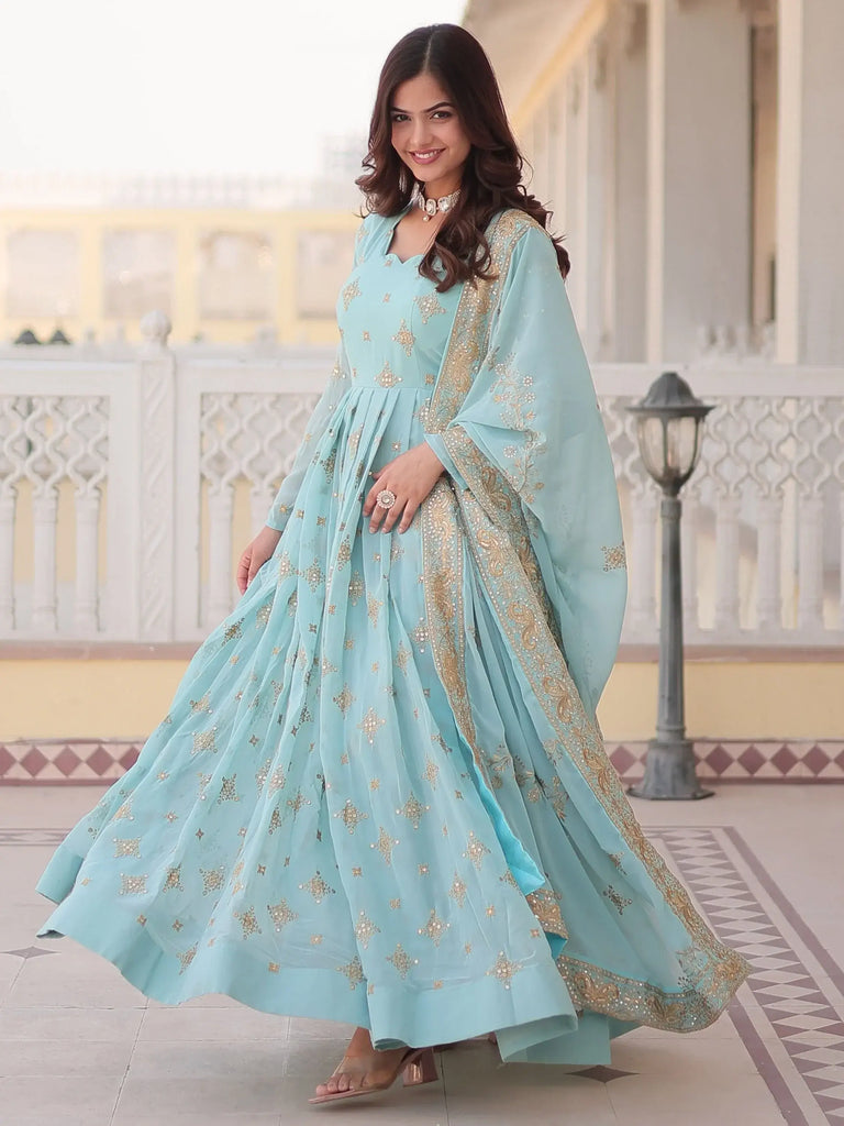 Attractive Sky-Blue Sequins Georgette Reception Wear Anarkali Gown