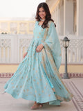 Attractive Sky-Blue Sequins Georgette Reception Wear Anarkali Gown