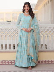 Attractive Sky-Blue Sequins Georgette Reception Wear Anarkali Gown